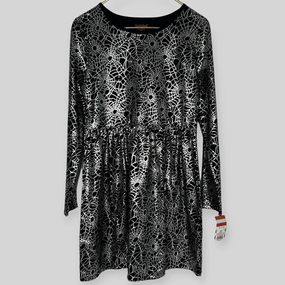 Cat & Jack Spider Web Dress Kids XL 14/16 Black Halloween Silver Metallic Spooky - Picture 1 of 10